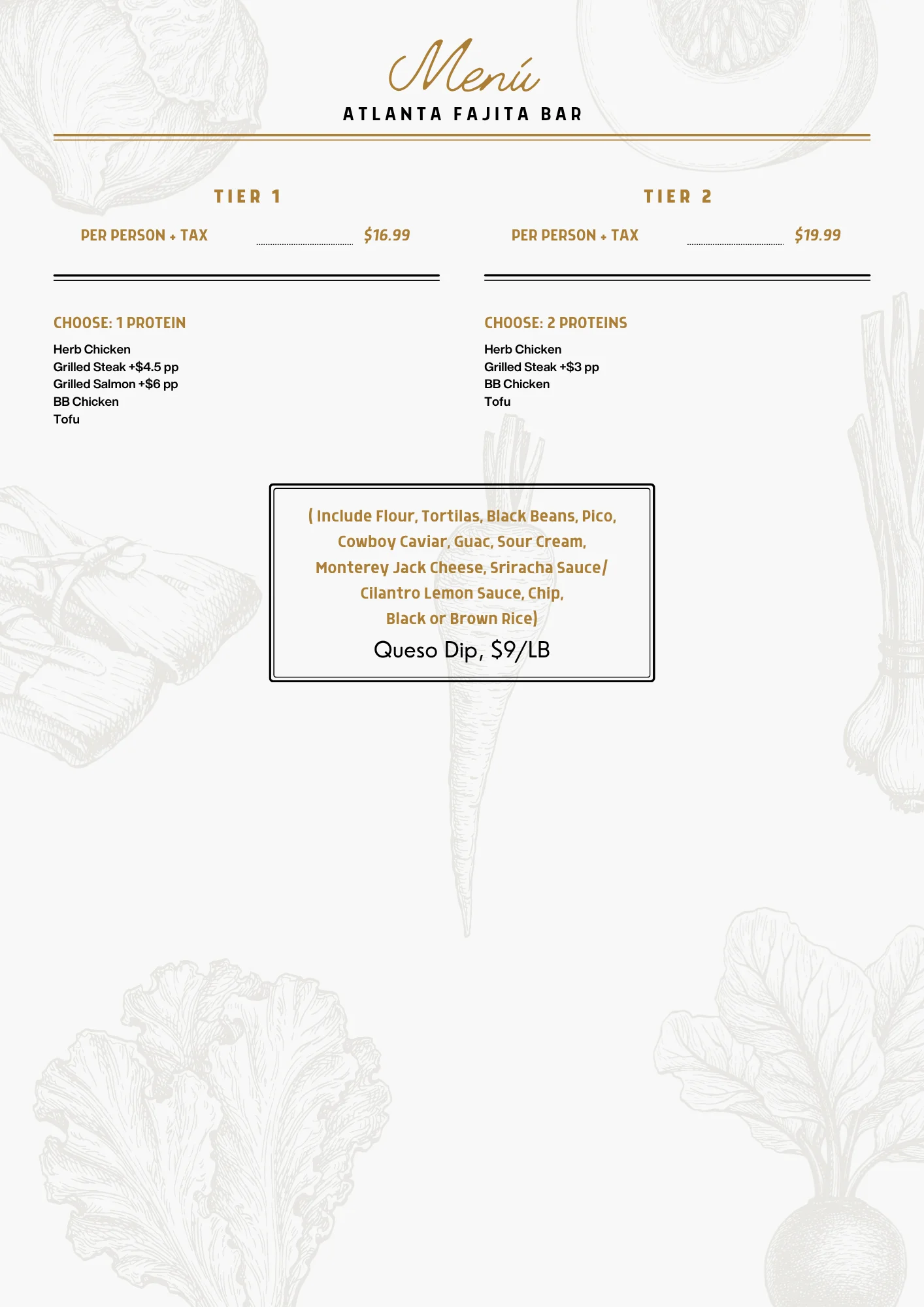 Fajita Bar menu with Tier 1 and Tier 2 pricing