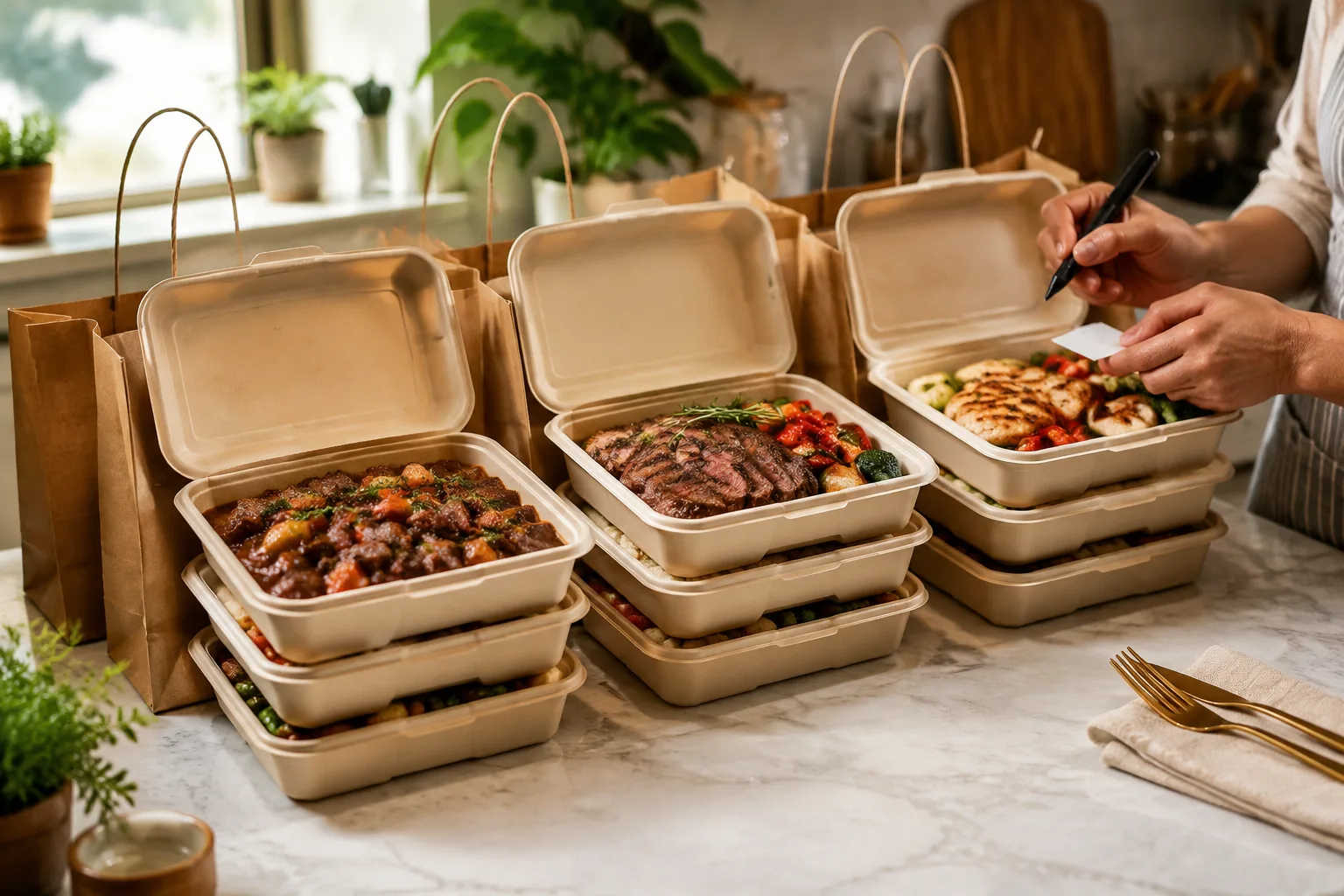 Stack of individually packed family meal containers with beef stew, grilled steak, and grilled chicken ready for a large group pickup order