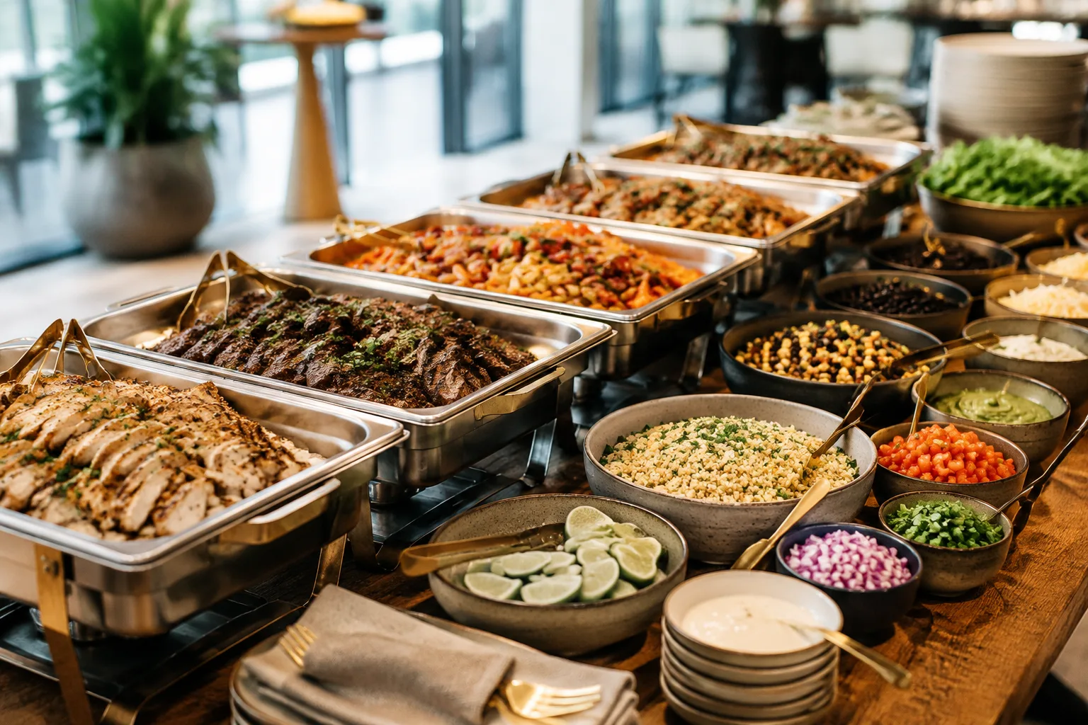 Buffet-style catering table with a fajita bar and grain bowl bar set up to serve a large office group
