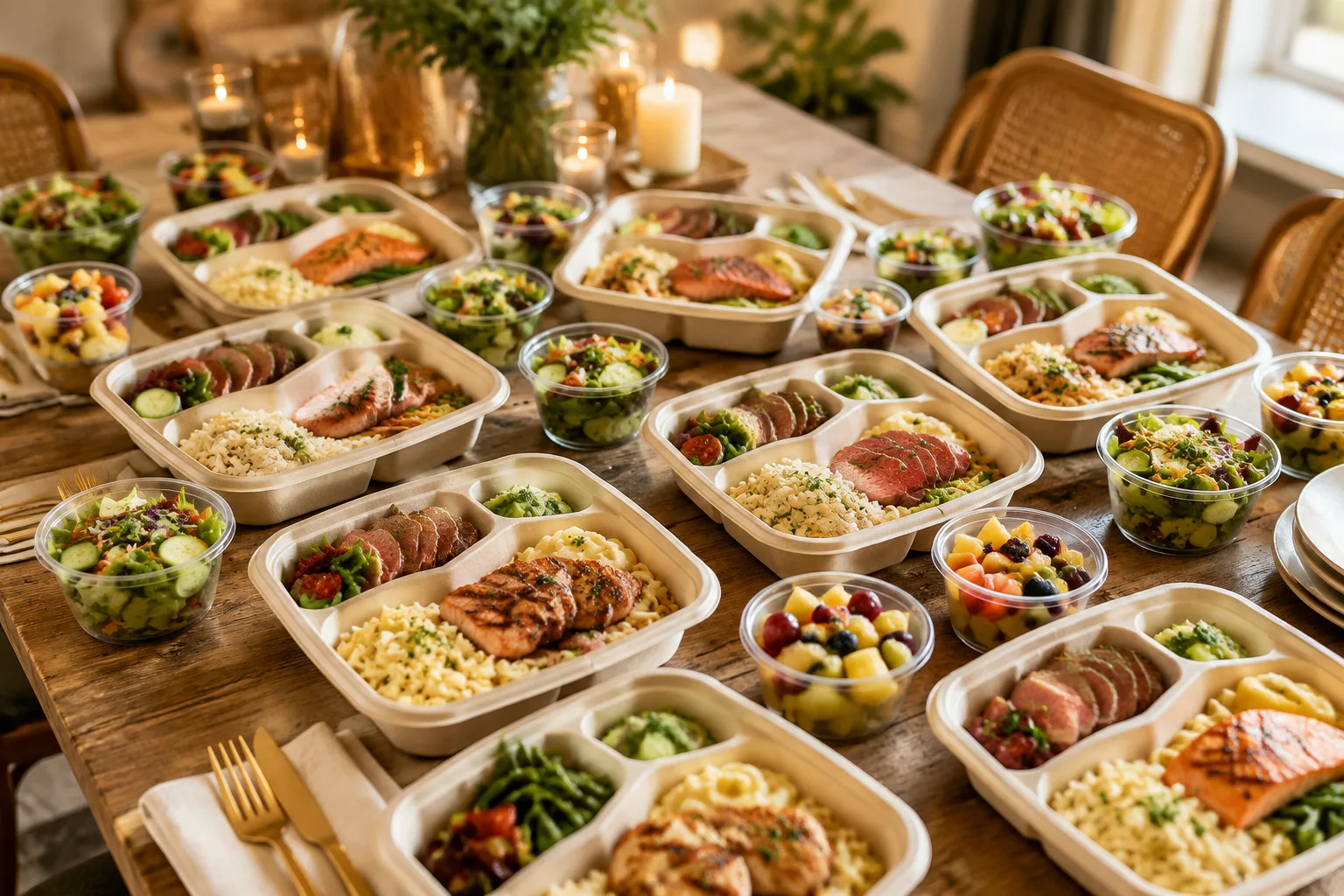 Individually packed family meal containers with grilled chicken, roast beef, and grilled salmon spread across a table for a big group dinner