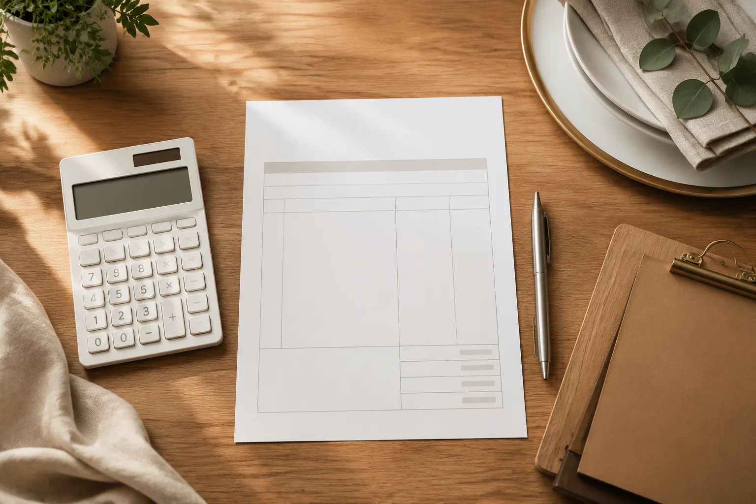 Calculator, pen, and blank pricing invoice arranged on a desk