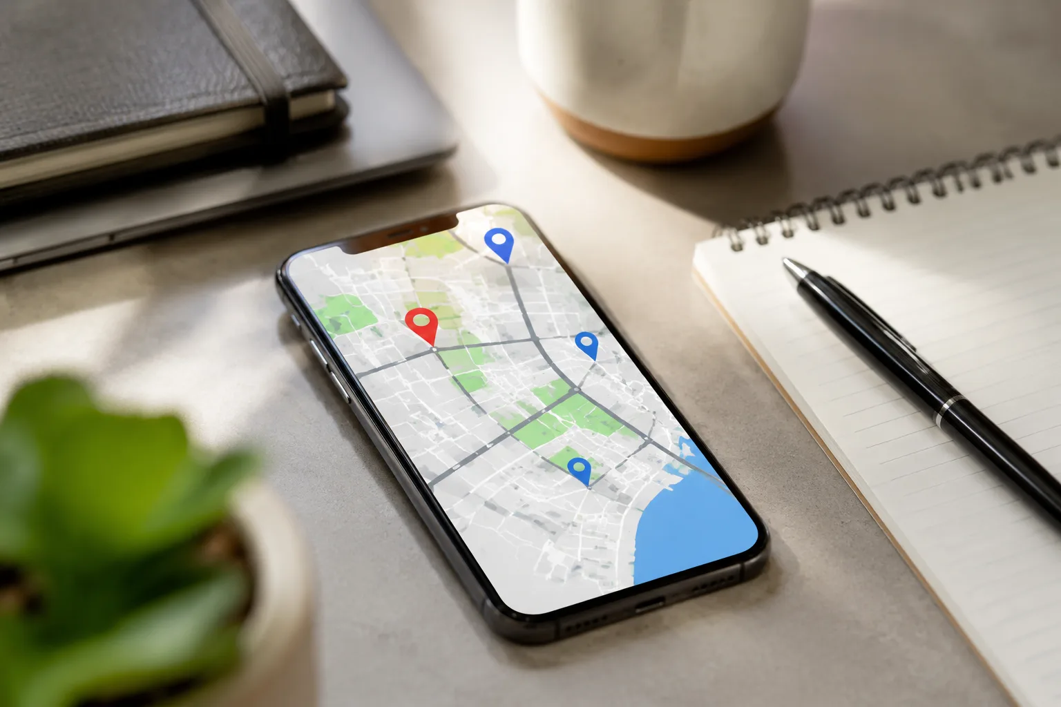 Phone showing a map app with location pins next to a notepad and pen