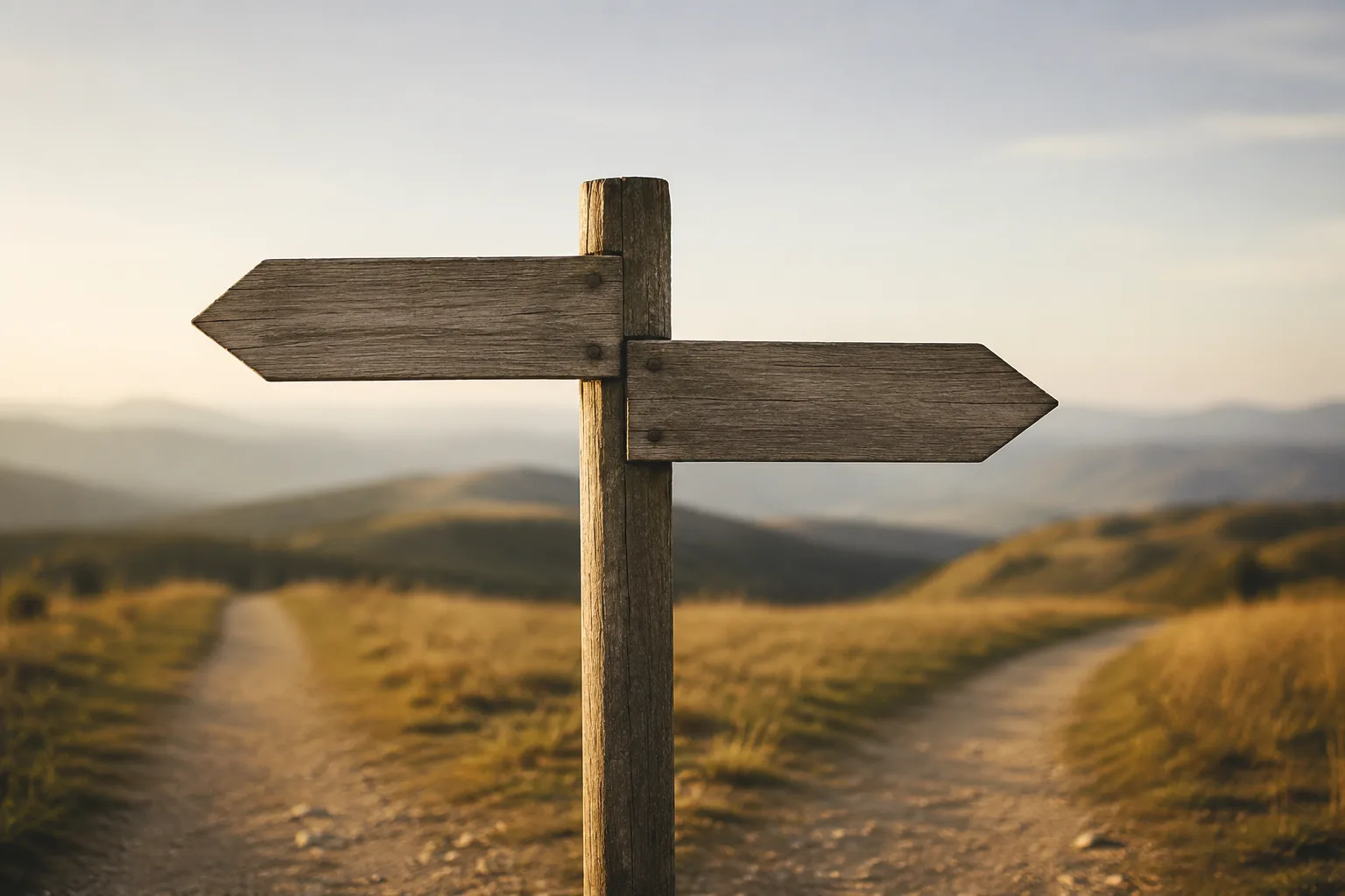 Wooden signpost with two arrows pointing in different directions, representing a decision between two catering options