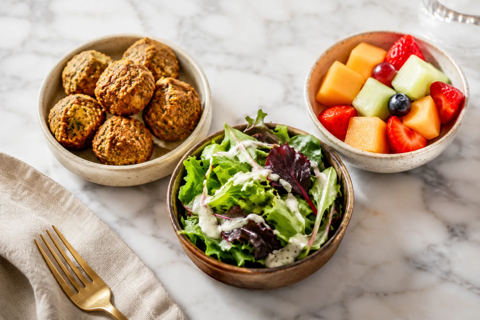 Close-up of the falafel appetizer, mixed green salad, and mixed fruit cup dessert included with every family meal dish