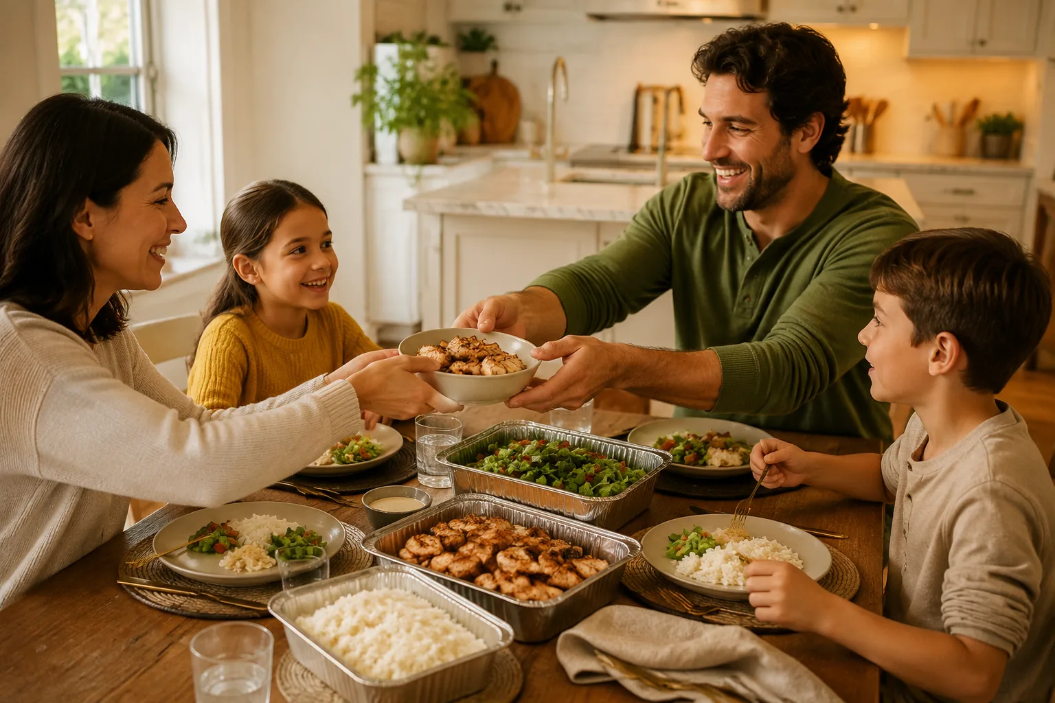 A family sharing a weeknight family meal pickup dinner together at home