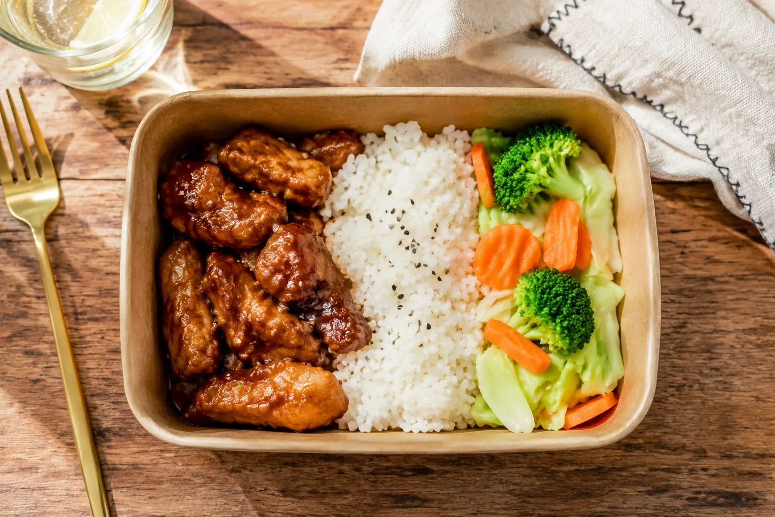 Overhead view of a complete family meal pickup spread with grilled steak, rice, salad, a falafel appetizer, and a fruit cup dessert