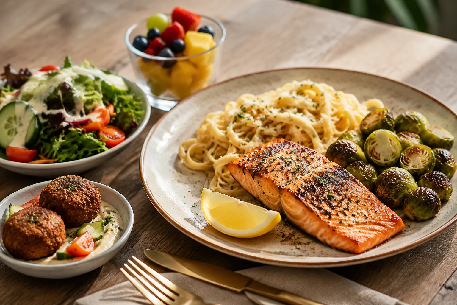 Close-up plate of grilled salmon with pasta and brussels sprouts, a side salad, a falafel appetizer, and a small cup of mixed fruit, showing everything included with one per-person meal