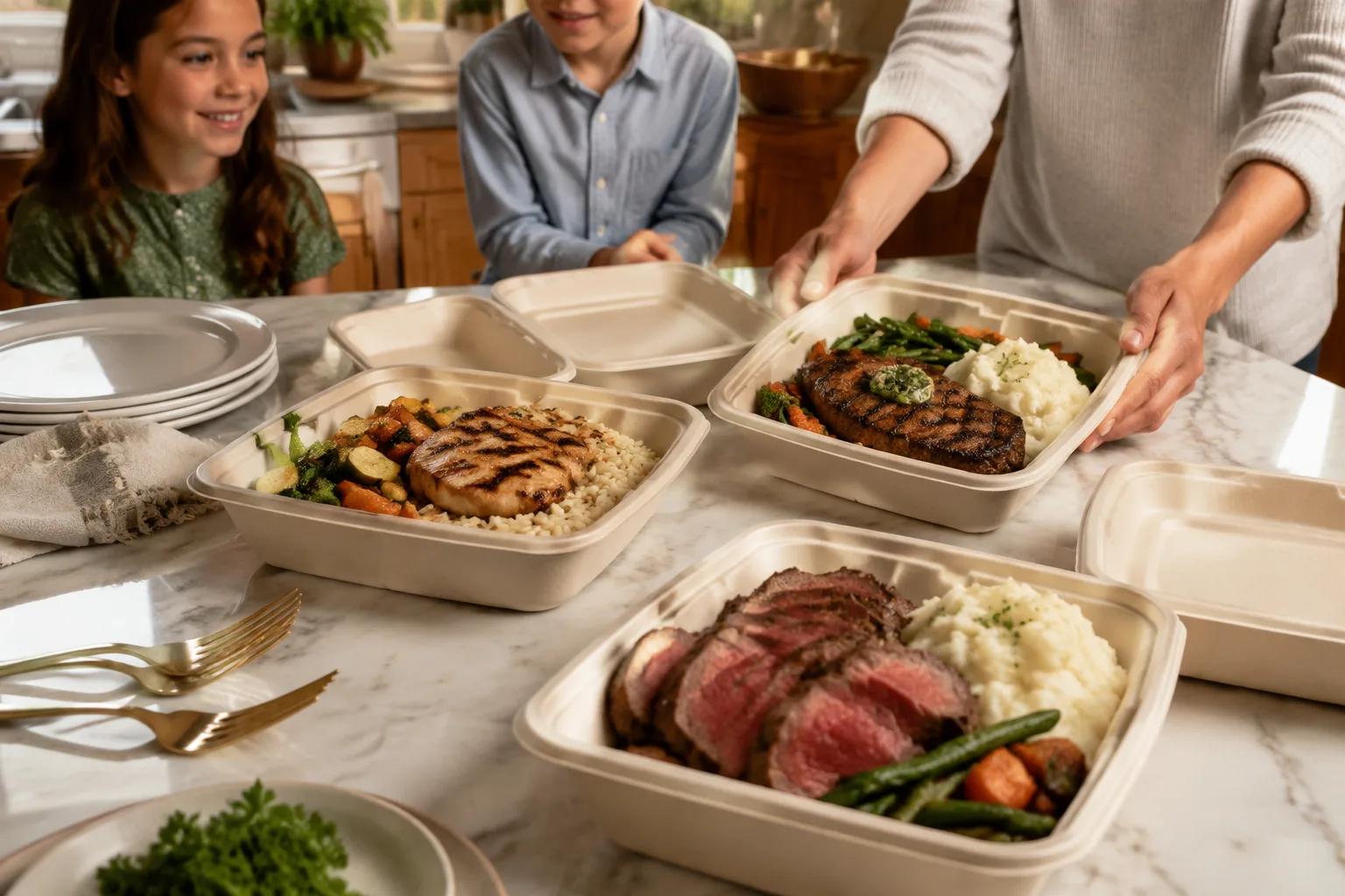 Family kitchen counter with several open take-home meal containers showing different plated dinners - steak, chicken, and roast beef - being picked up for a household with mixed preferences
