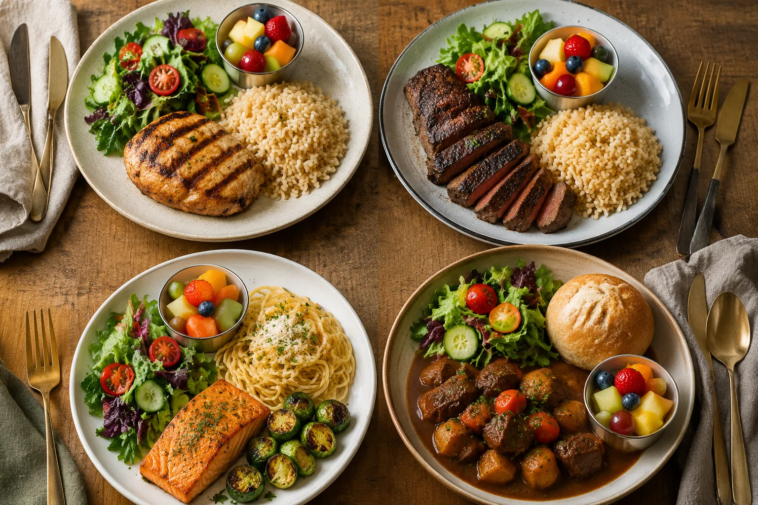 Four different complete family meal plates - grilled chicken, grilled steak, grilled salmon, and beef stew - arranged together, each with salad and a fruit cup, showing per-person meal variety