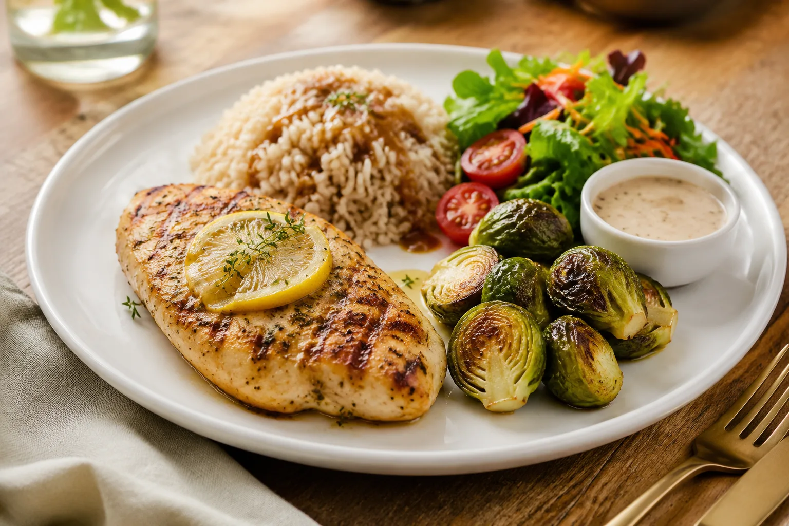 Close-up plate showing a grilled chicken portion with brown rice, brussels sprouts, and a side salad, representing exactly what's included in one Family Meal Pickup order