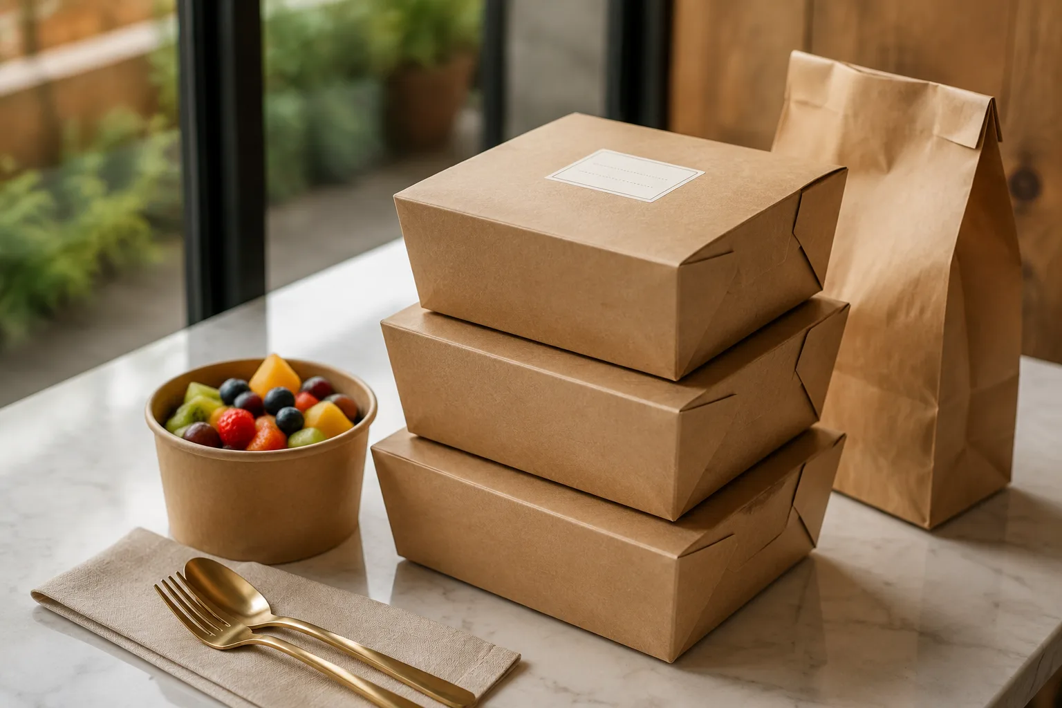 Stack of sealed takeout meal boxes with a cup of mixed fruit beside them, ready for family meal pickup