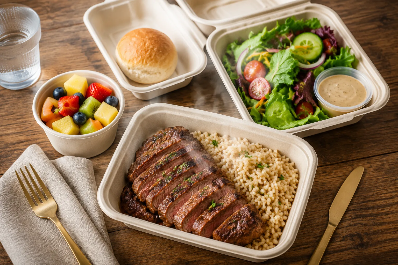Overhead flat-lay of open takeout containers showing a complete family meal with grilled steak, rice, salad, a dinner roll, and a fruit cup