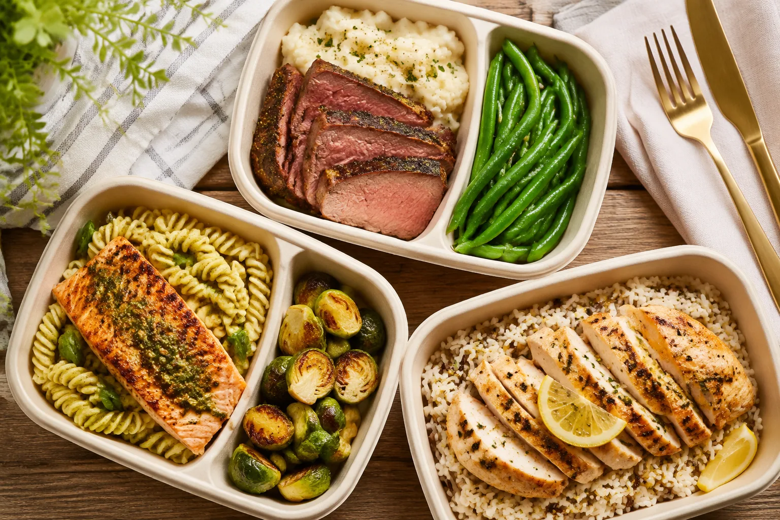 Overhead view of grilled salmon with pasta, tenderloin roast beef with mashed potatoes, and lemon herb chicken with rice in separate meal containers