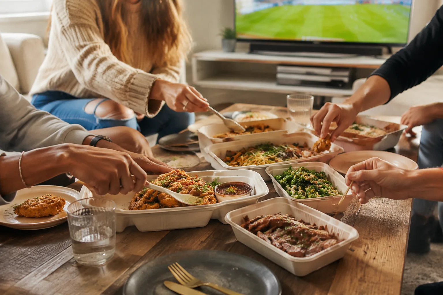 Friends serving themselves from an assortment of takeout meal trays on a coffee table during a casual weekend gathering