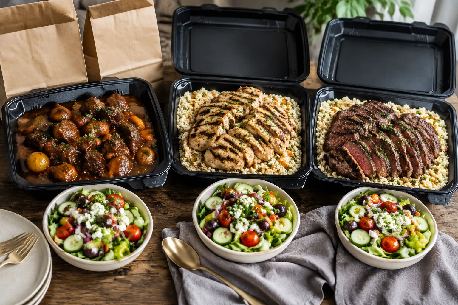 Three open family meal takeout trays with beef stew, grilled chicken and rice, and grilled steak arranged together for a group gathering