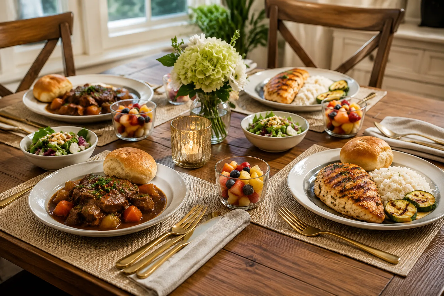 Family dinner table set for four with grilled chicken, beef stew, side salads, and fruit cups plated at each setting