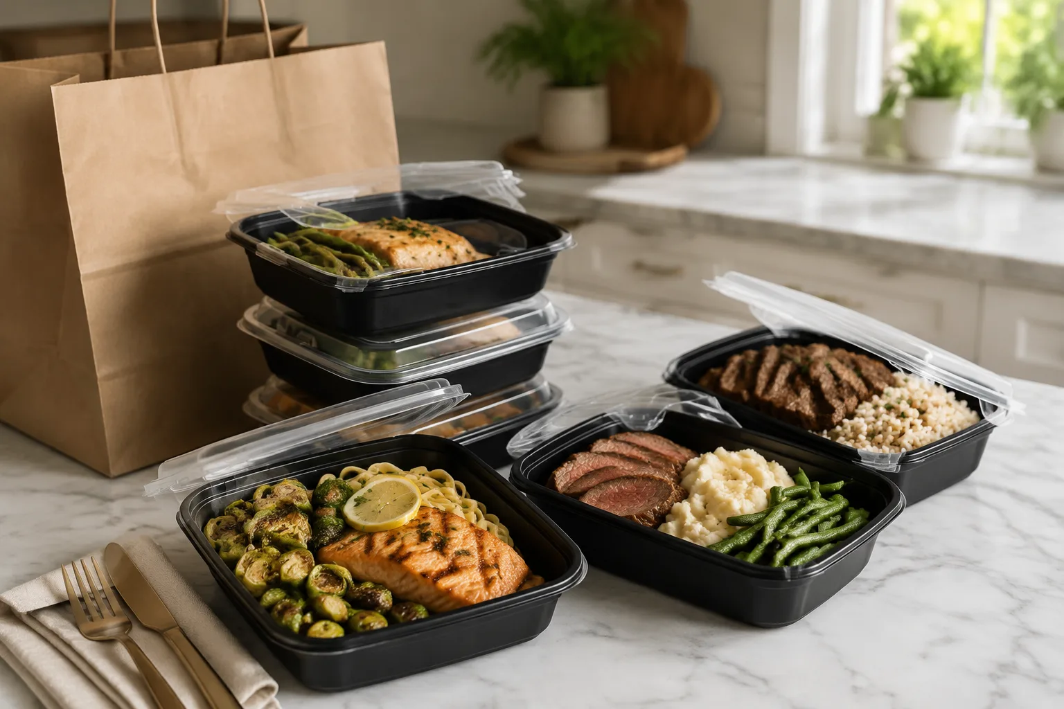 Marble counter with stacked takeout containers showing salmon, roast beef, and steak family meal options ready for pickup