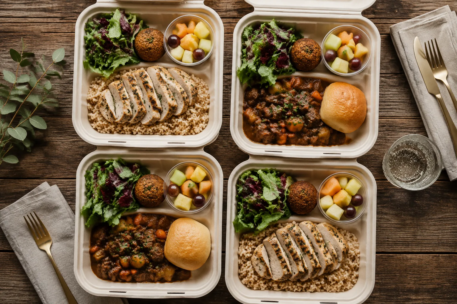 Four open takeout containers of lemon herb grilled chicken and hearty beef stew with salad, falafel, and a fruit cup, packed for a family of four