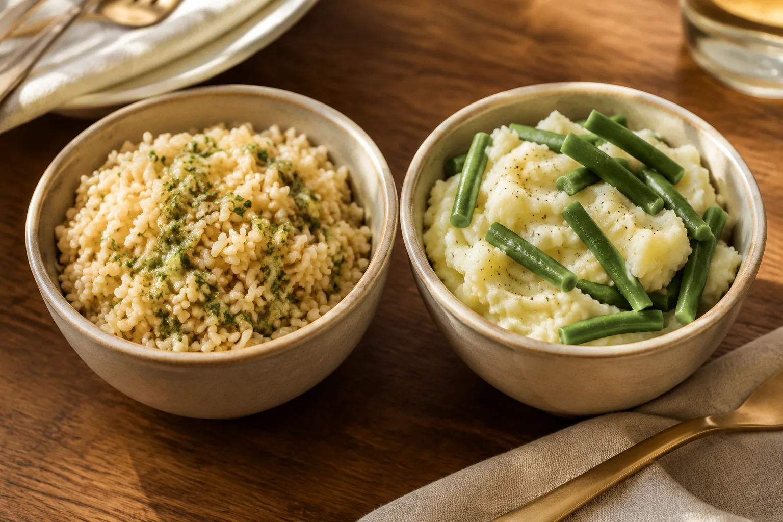 Two side dishes plated separately, brown rice with herb sauce and mashed potatoes with green beans, showing sides that differ by dish