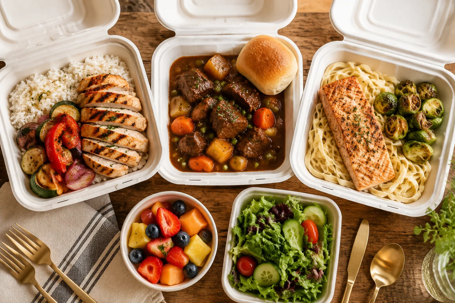 Three open family meal containers side by side with grilled chicken, beef stew, and salmon, showing different protein options for picky eaters