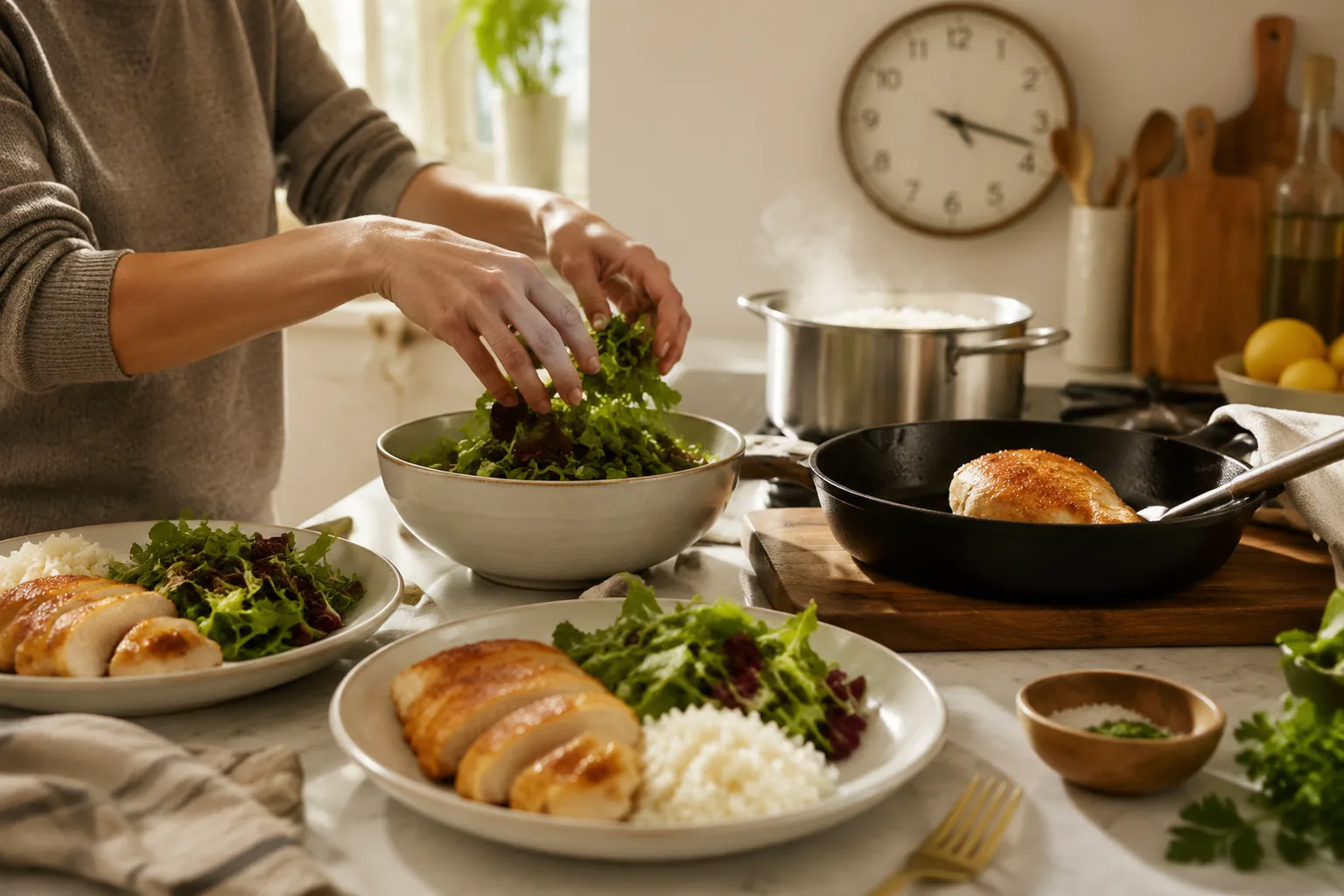 Home cook quickly plating a fast weeknight dinner of seared chicken, salad greens, and rice in a bright kitchen