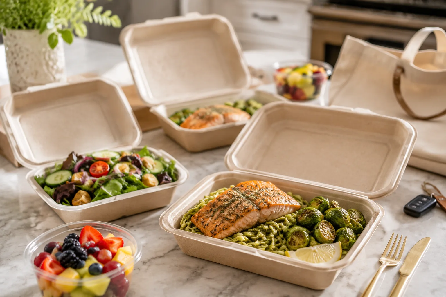 To-go containers of grilled pesto salmon, pasta, salad, and a fruit cup ready for family meal pickup