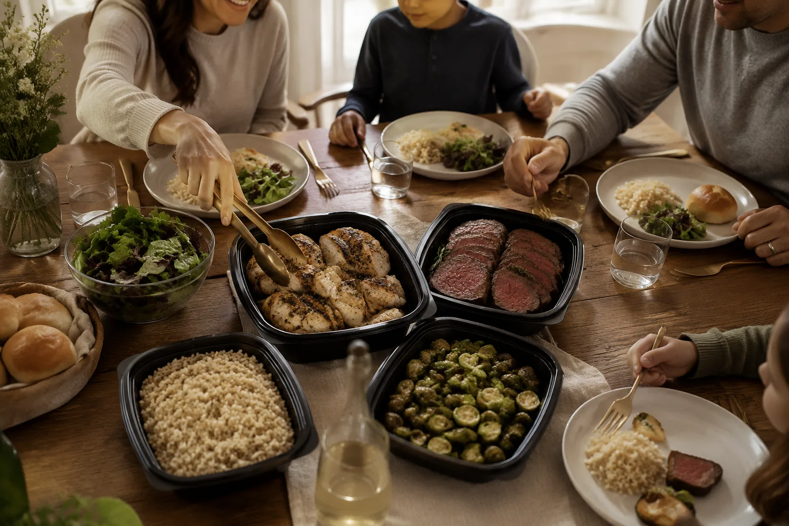 Family-style weeknight dinner spread with grilled chicken, roast beef, salad, rice, and brussels sprouts ready to serve