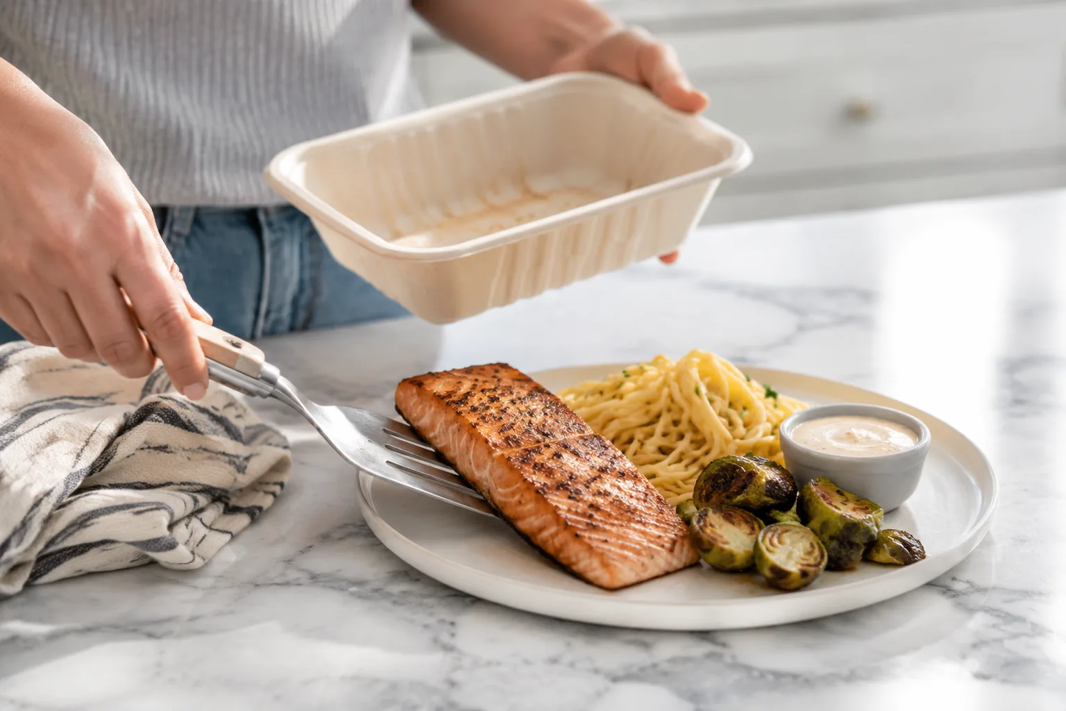 Hands transferring grilled salmon from a takeout container onto a proper plate with pasta and brussels sprouts on a marble counter