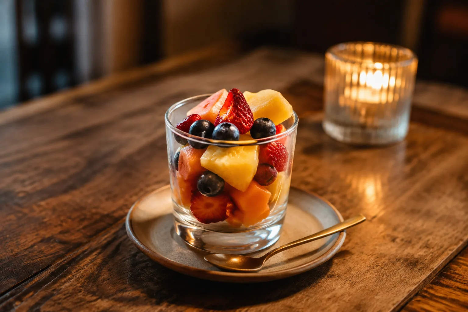 Small glass cup of fresh mixed fruit served as a standalone dessert course on a rustic wood table with a candle glowing in the background