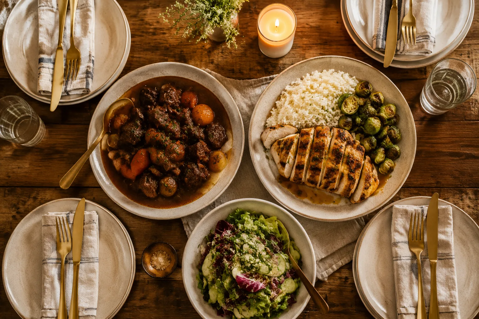Plated family dinner of beef stew and grilled chicken with salad and a lit candle on a wood table set for four