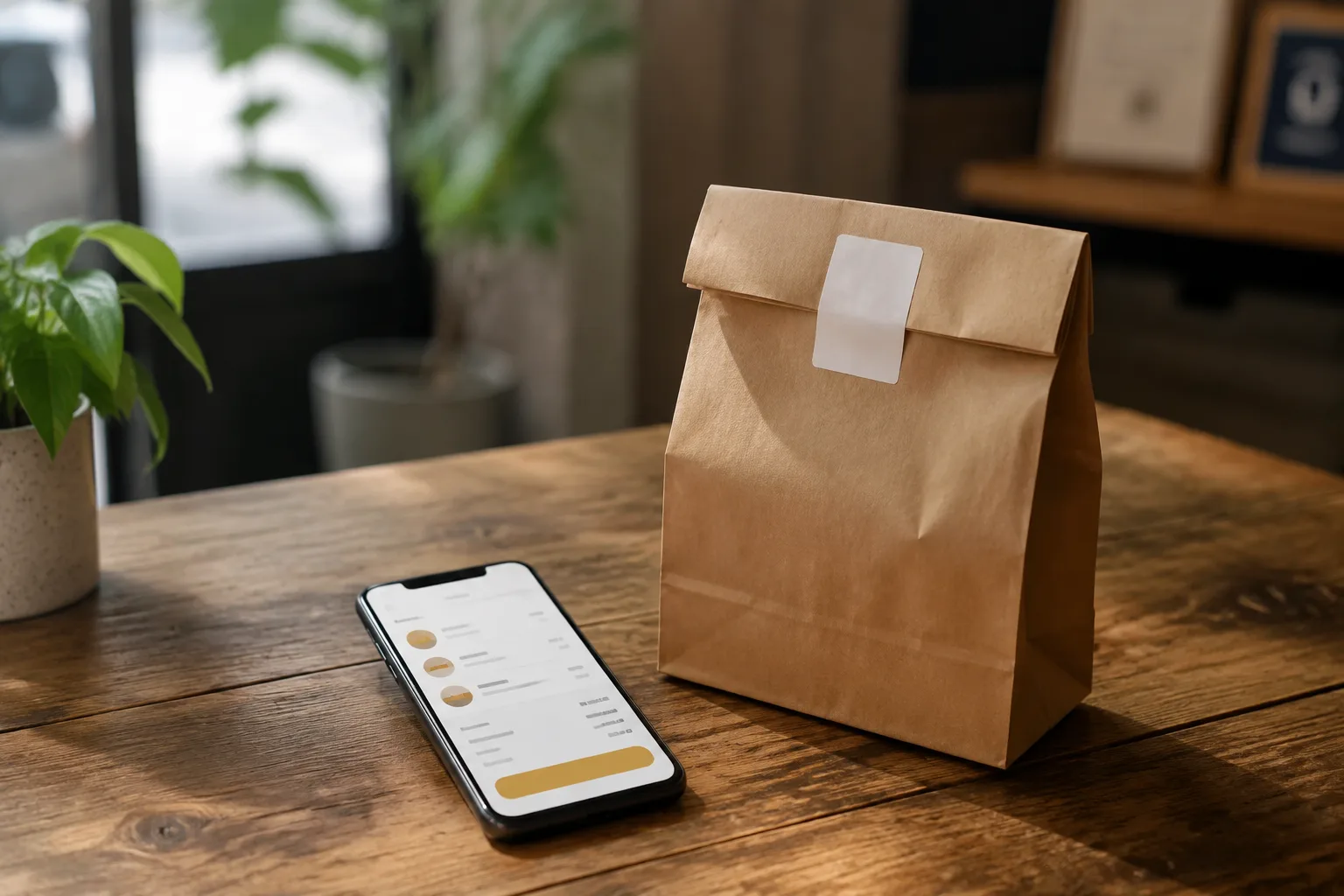 Phone showing an online order screen next to a packed takeout bag on a table