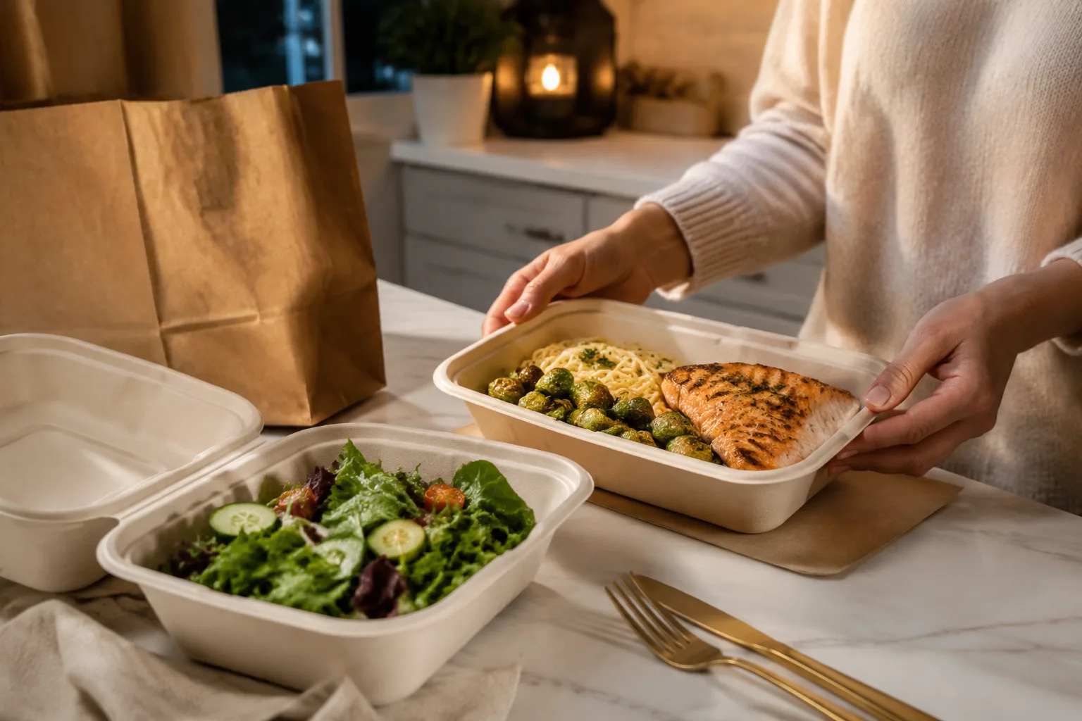 Hands unpacking to-go containers of grilled salmon, pasta, and salad onto a bright kitchen counter in the evening