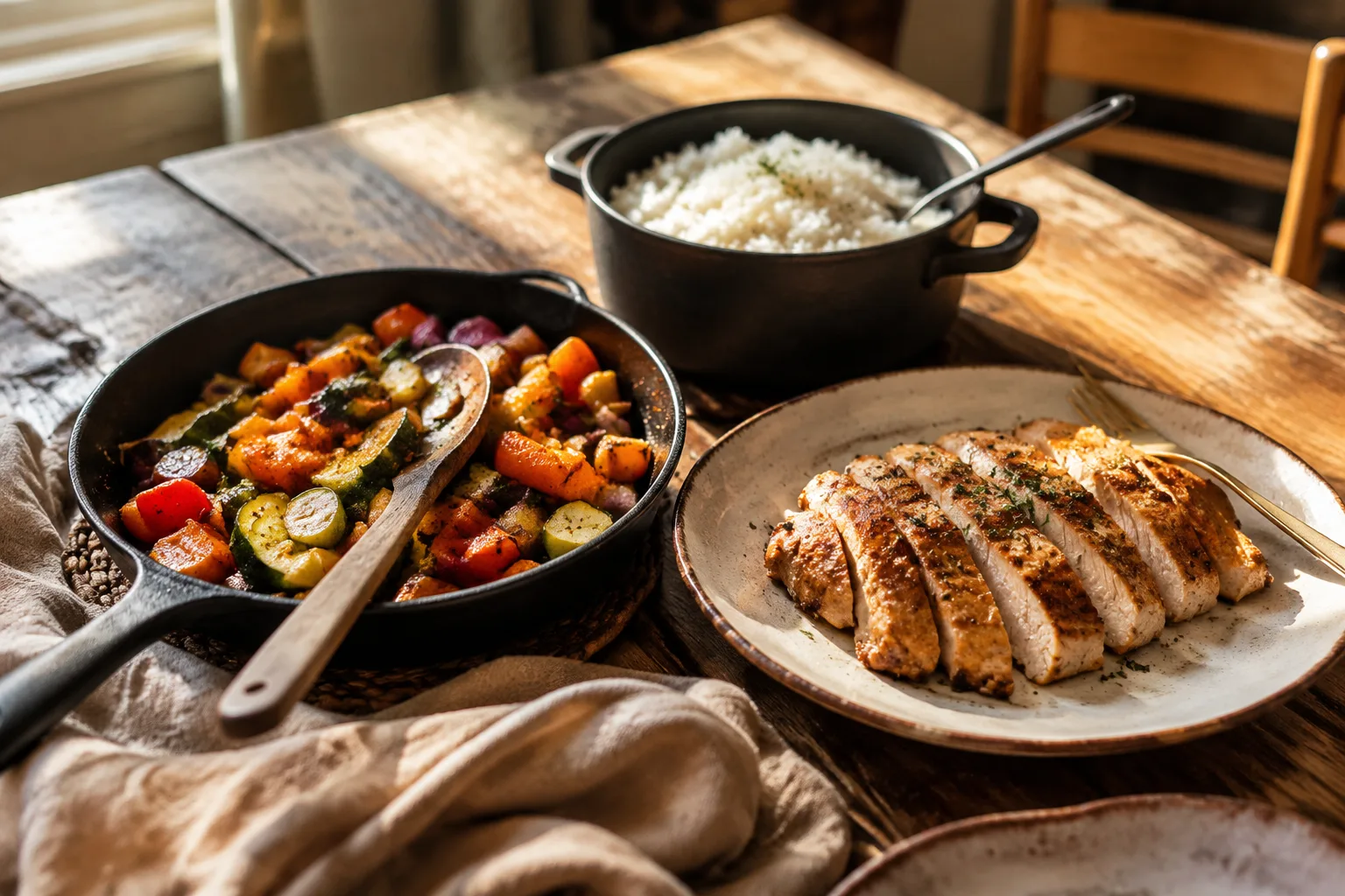 A simple home-cooked weeknight dinner of roasted vegetables, rice, and sliced grilled protein on a rustic wood table