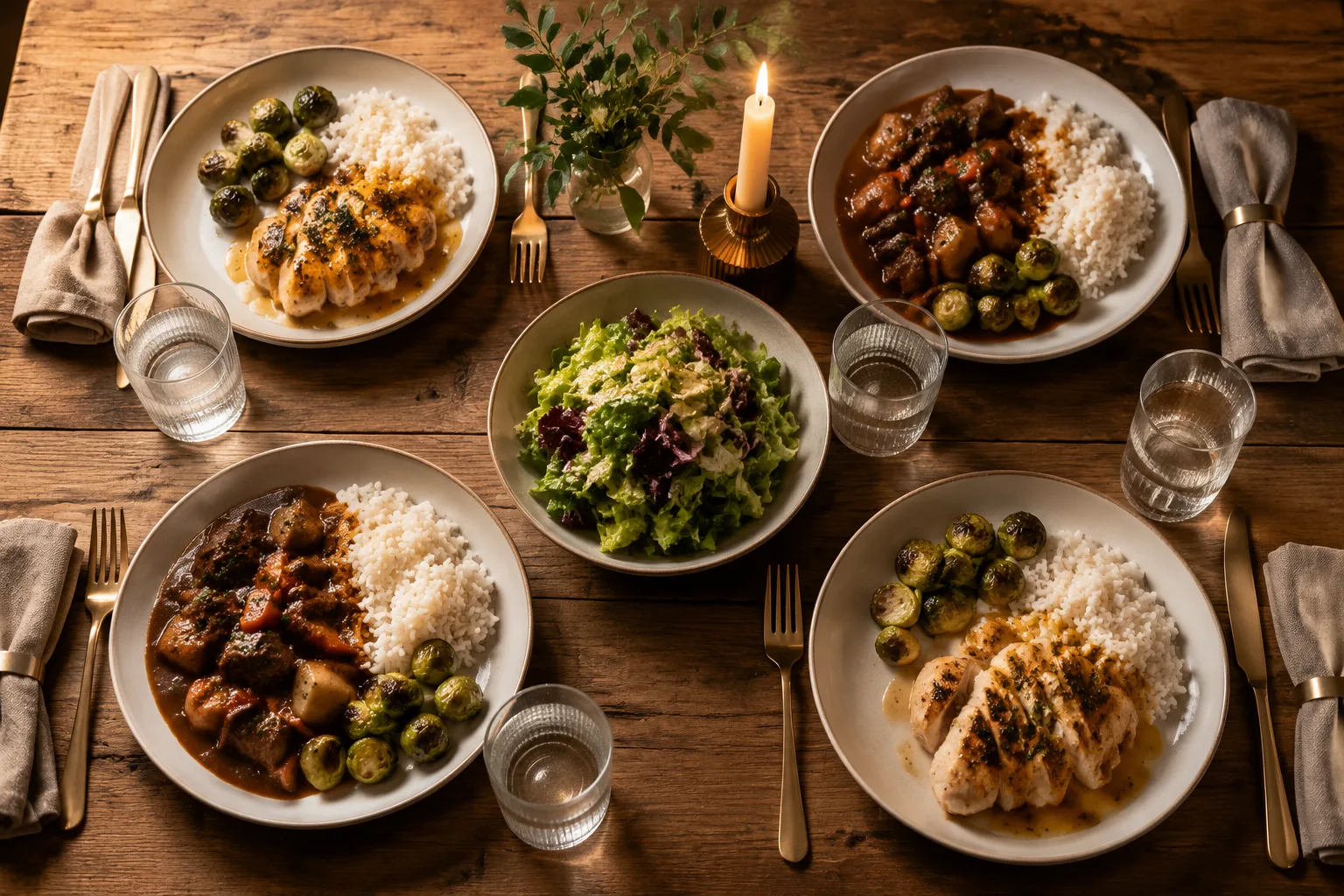 Overhead view of a family-style dinner spread with grilled chicken, beef stew, salad, and a fruit cup dessert set on a rustic wood table