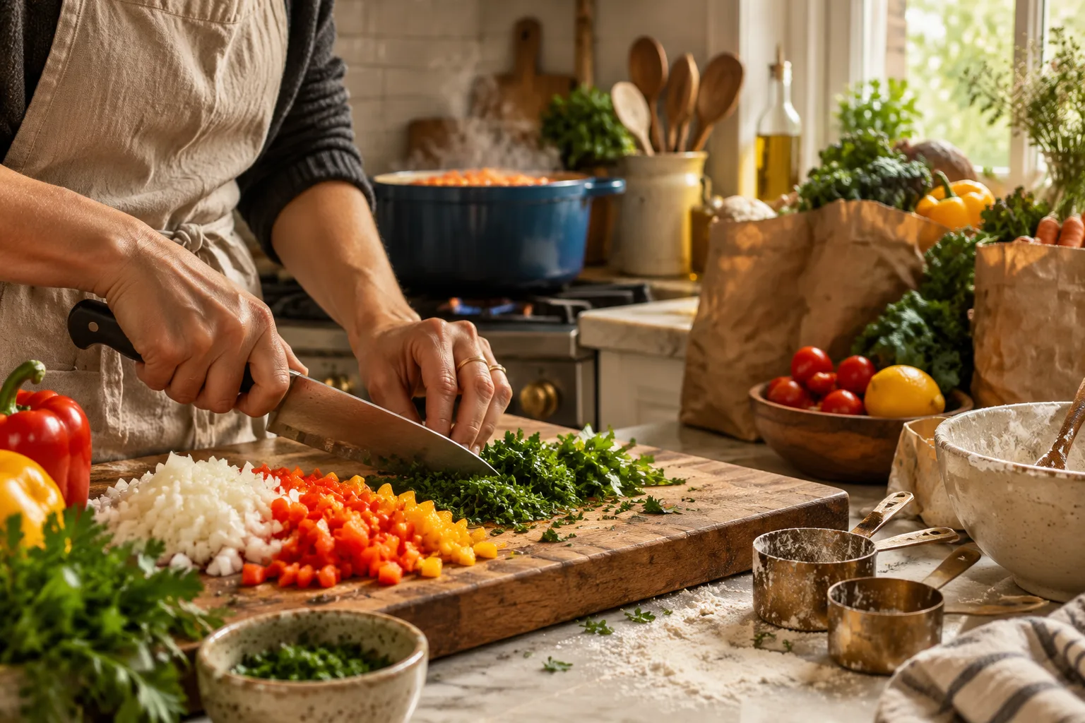 Close-up of chopped vegetables, herbs, and marinating chicken on a wooden cutting board during home meal prep