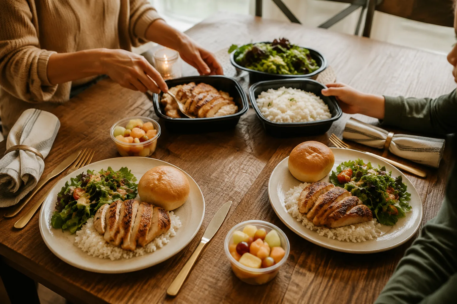 Family dinner table with ready-to-eat grilled chicken, rice, salad, and fruit cup takeout containers being served