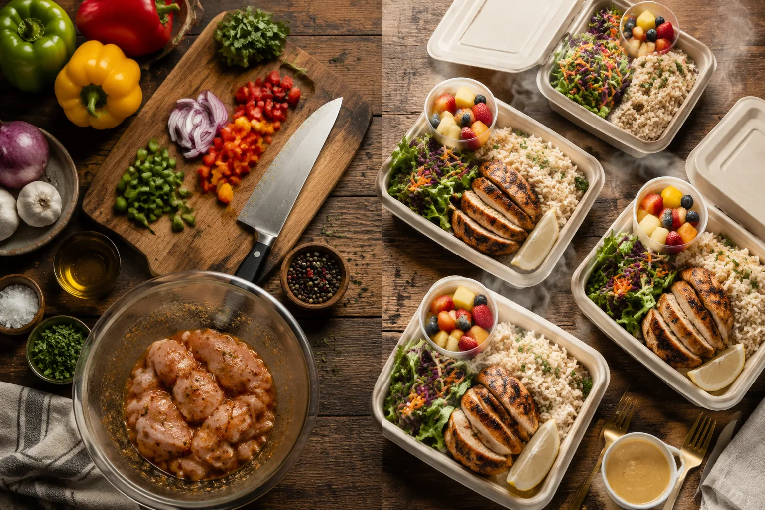 Split scene comparing raw ingredients being prepped for a home-cooked meal with ready-to-eat family meal takeout containers