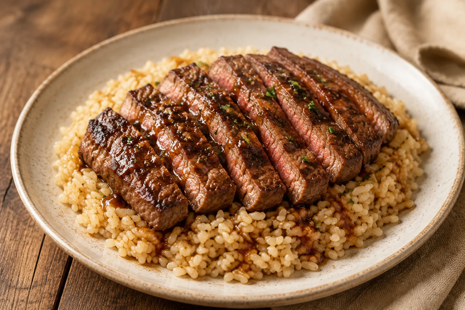 Sliced grilled steak plated over rice, a finished Family Meal Pickup dinner ready to eat with no cooking required