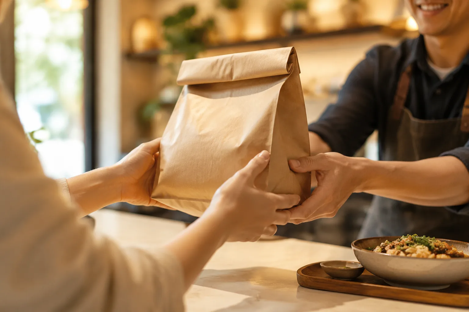 Hands passing a packed takeout bag across a counter during a Family Meal Pickup handoff