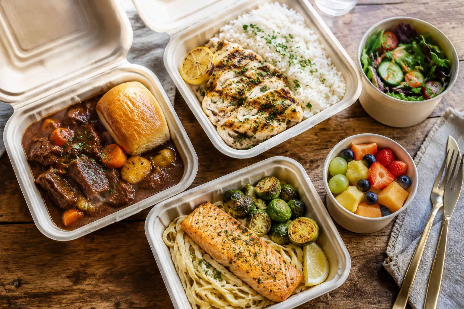 Assorted Family Meal Pickup containers with beef stew, grilled chicken, and salmon dinners plus salad and a fruit cup, ready to eat