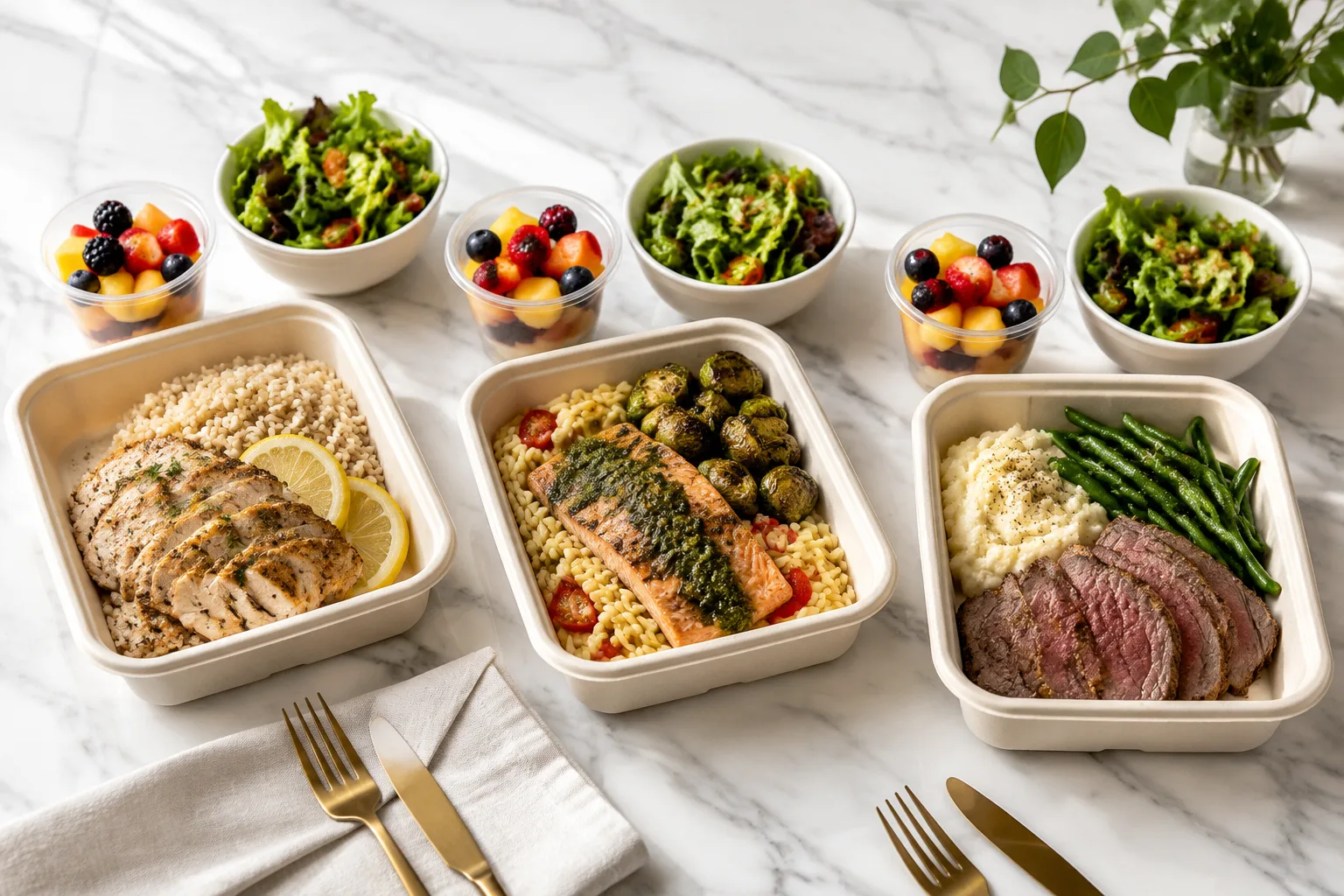 Three open takeout containers on a marble counter showing lemon herb grilled chicken, pesto salmon, and tenderloin roast beef portions, each with a mixed green salad and a fruit cup