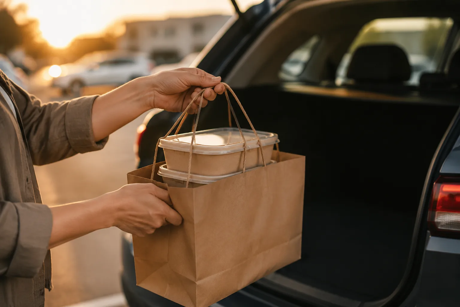 Hands carrying a paper bag of family meal pickup containers toward a car at golden hour
