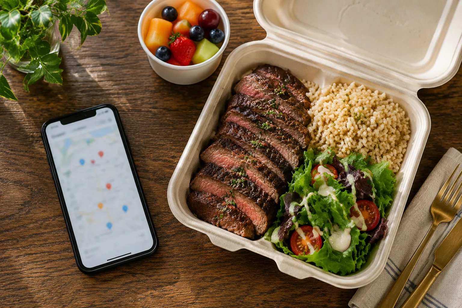 Overhead flat lay of a family meal takeout container with grilled steak, brown rice, salad, and a fruit cup next to a phone showing a blurred map app screen