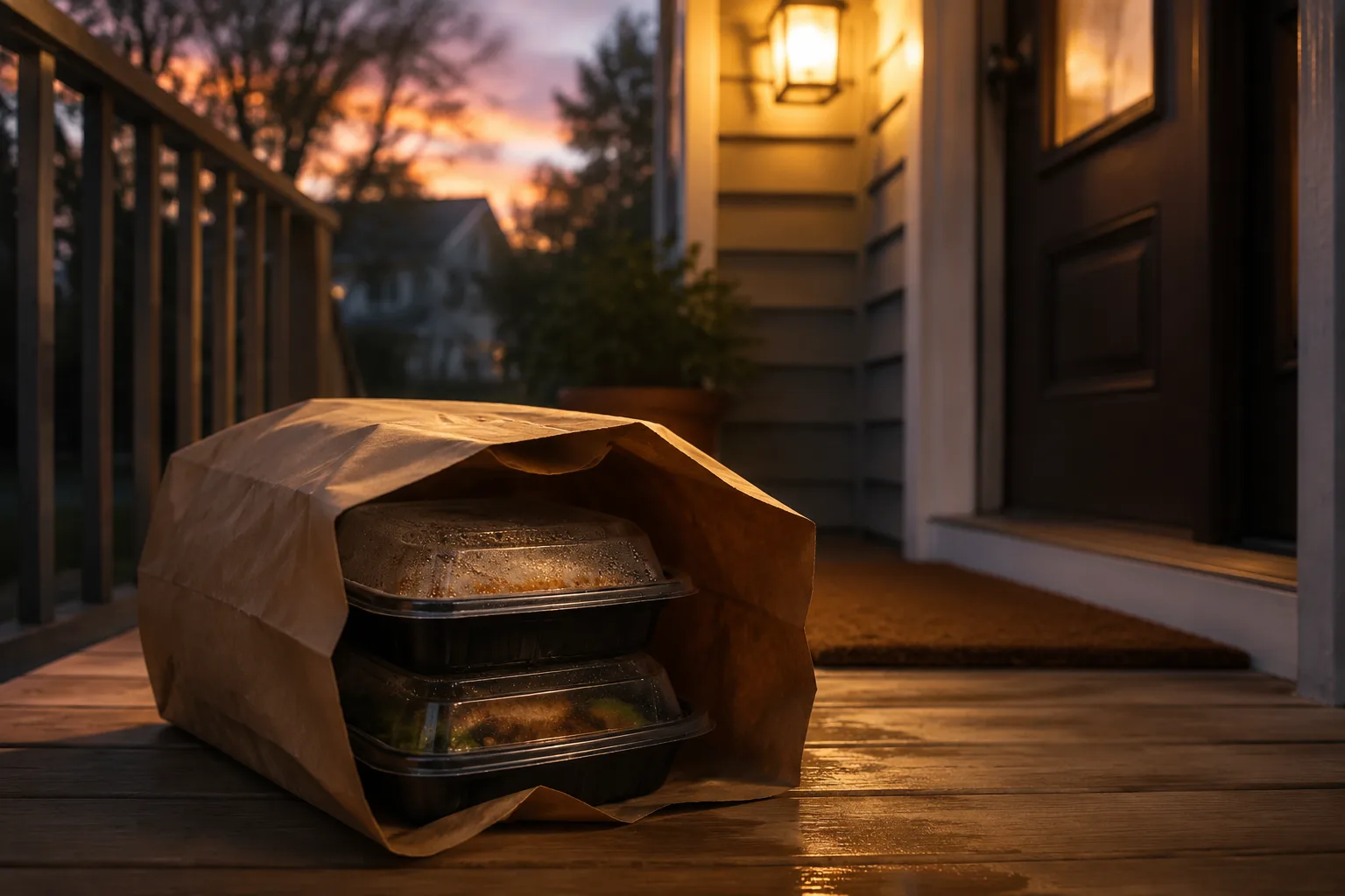 Takeout delivery bag left on a home porch with condensation on the container lids at dusk