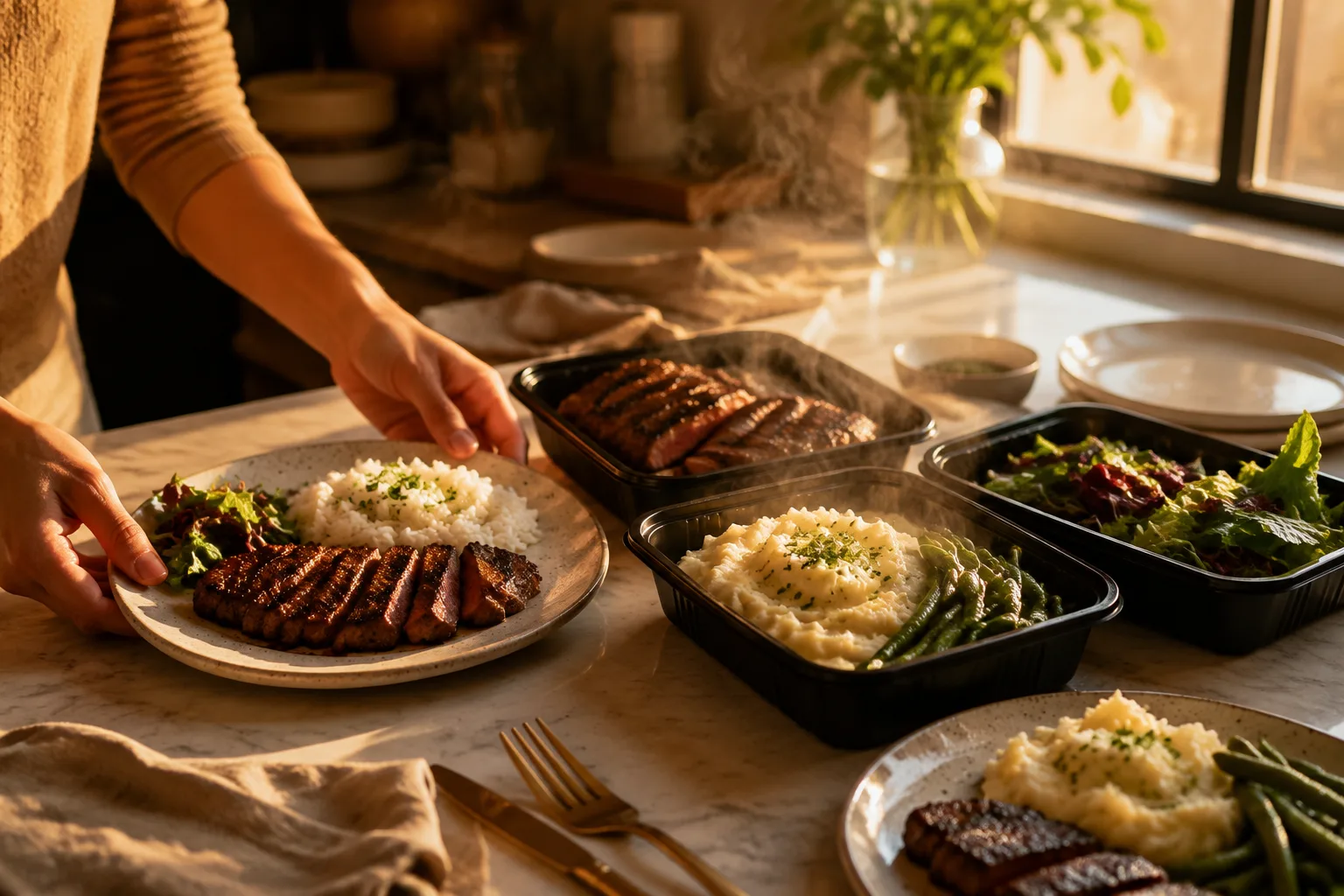 Family kitchen counter with freshly unpacked takeout containers of steak, potatoes, and salad being set out for dinner