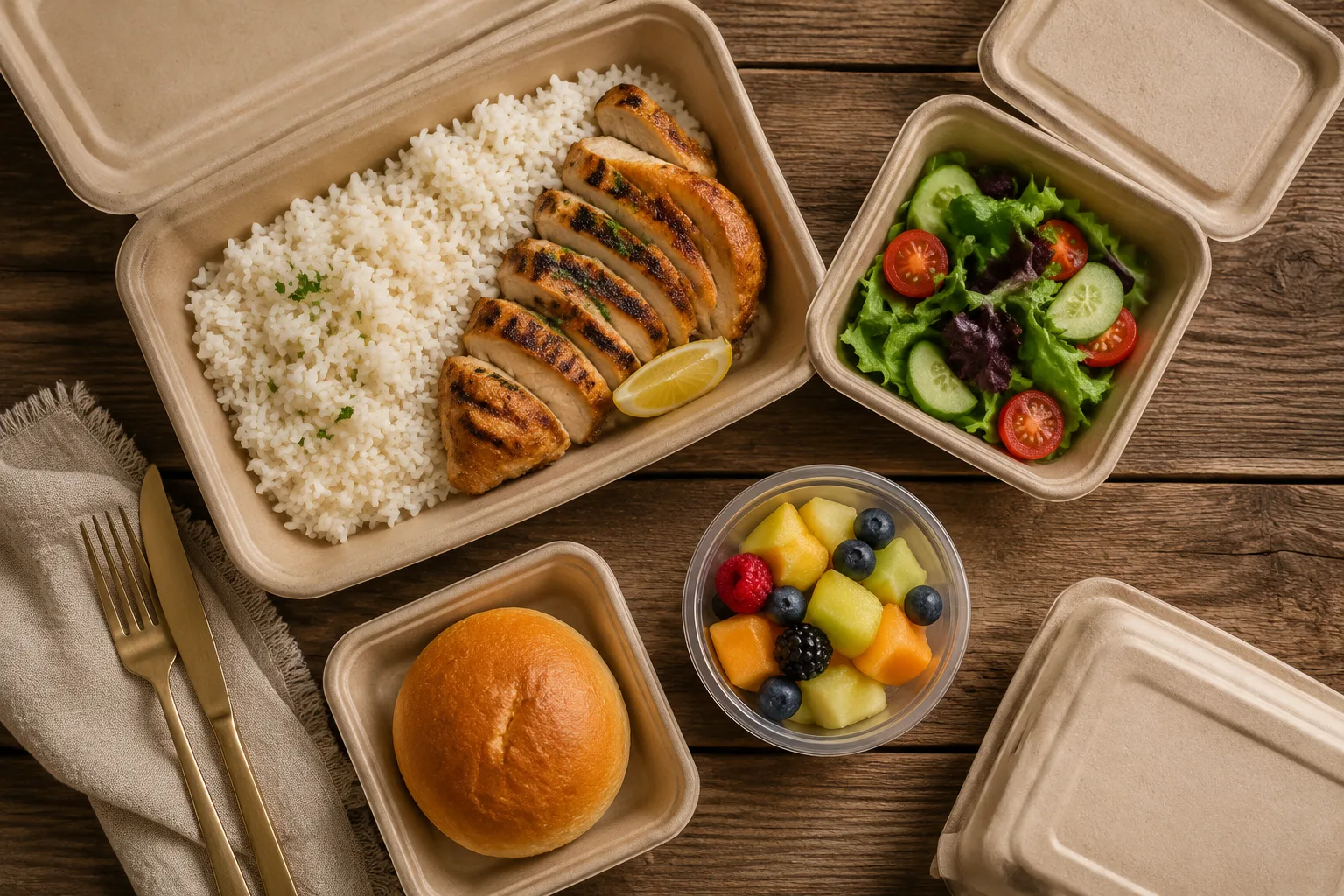 Family meal to-go package with grilled chicken, rice, salad, dinner roll, and fruit cup dessert arranged on a wood table for pickup