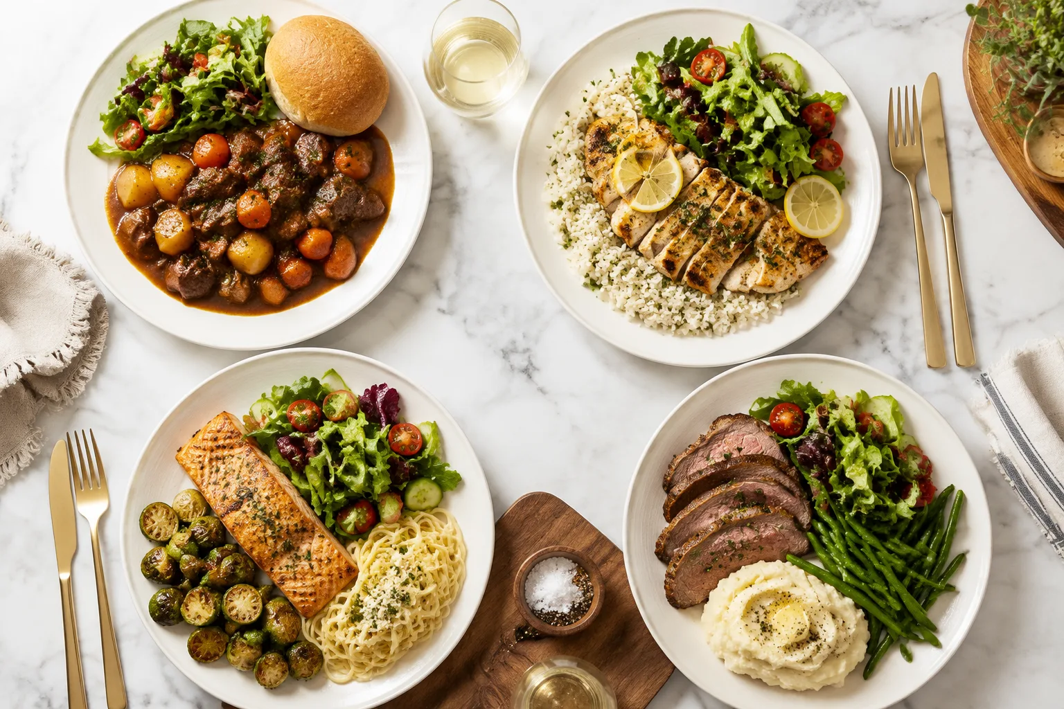 Four plated Mai Thai family meal dinners including beef stew, grilled chicken, salmon, and roast beef with salad, arranged on a marble counter to show mix-and-match pricing