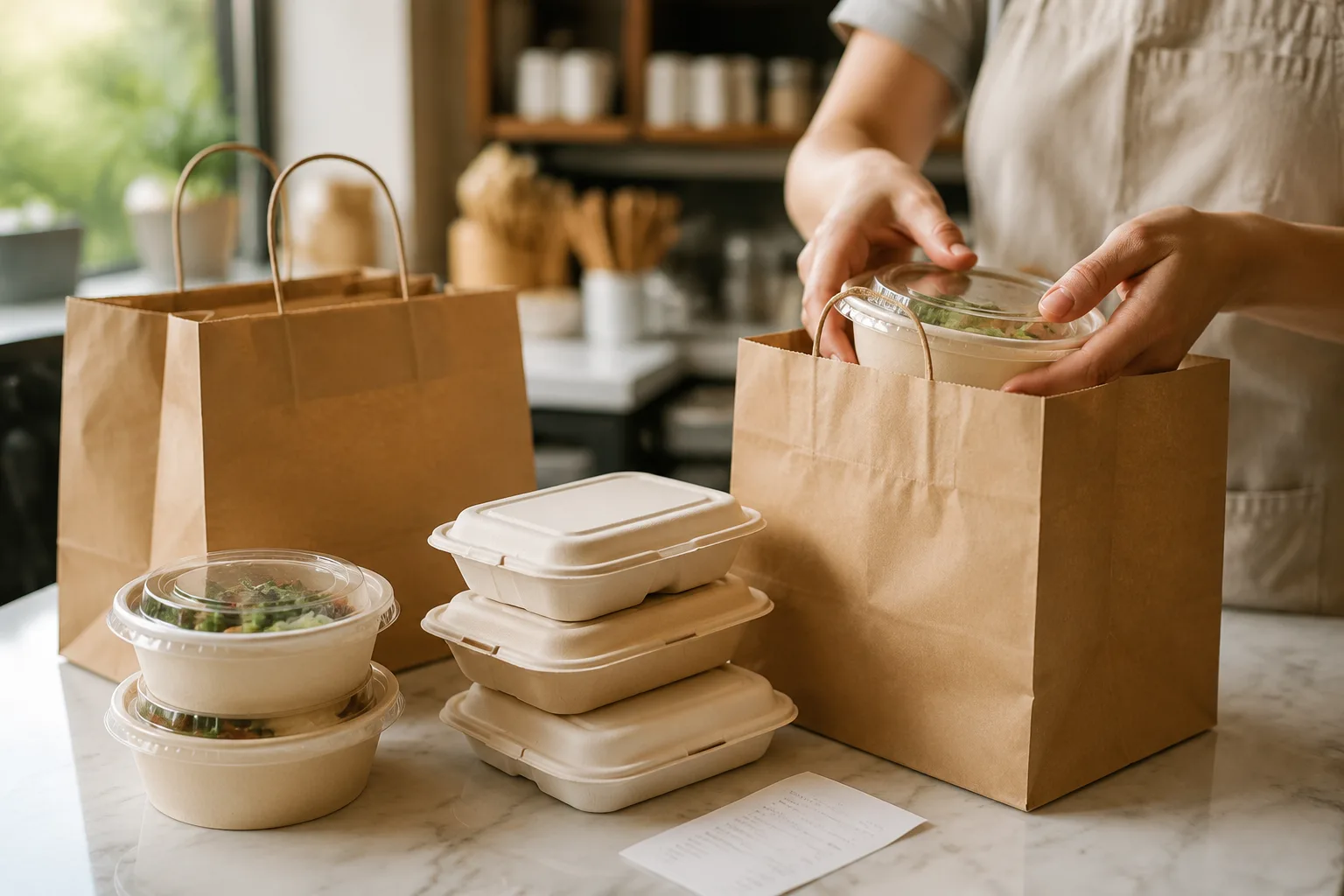 Hands packing a Mai Thai family meal pickup order into takeout bags and containers at the pickup counter