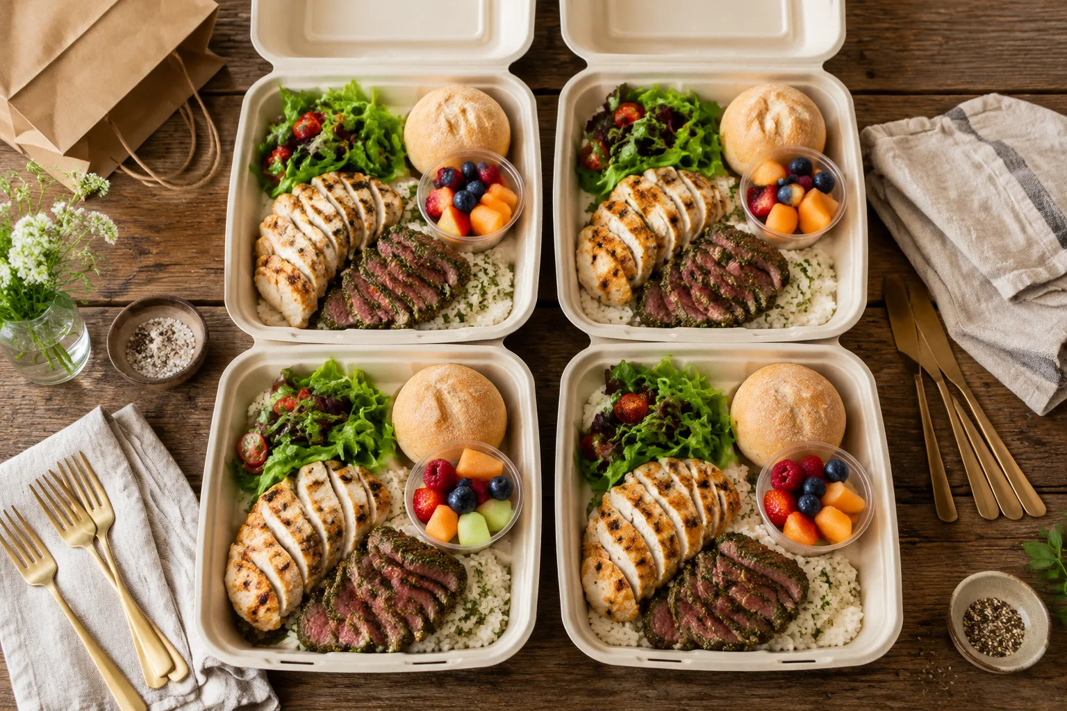 Overhead view of four family meal takeout containers with grilled chicken, rice, salad, and fruit cup arranged on a wood table for a budget-friendly family dinner