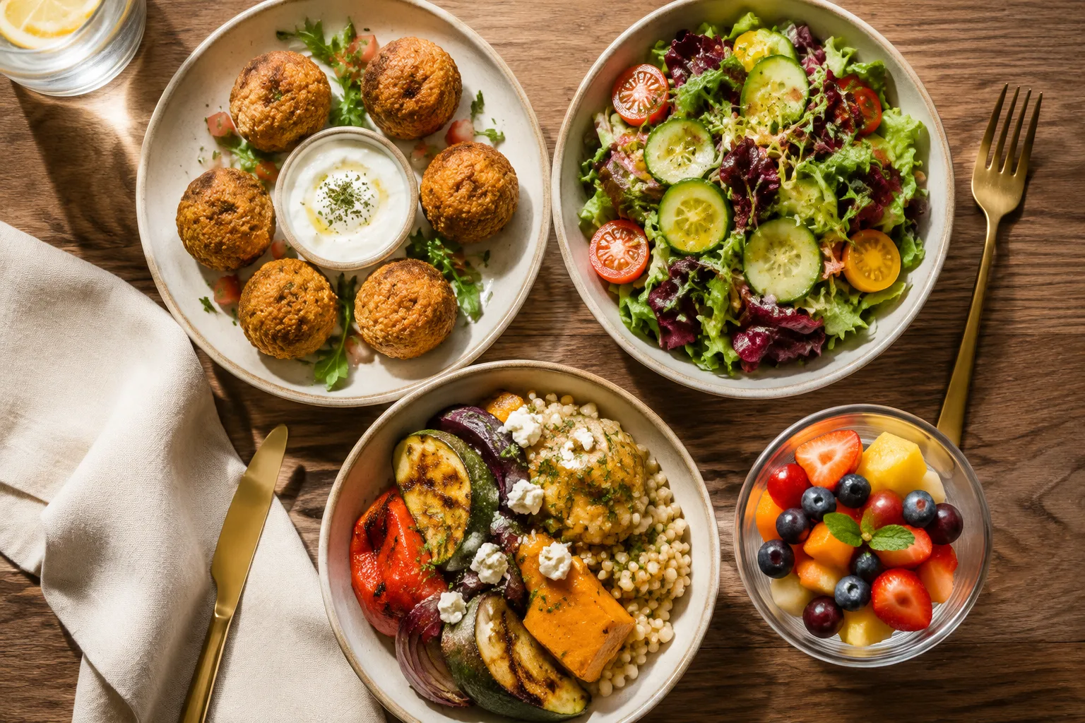 Falafel appetizer, mixed green salad, roasted vegetable side, and a cup of mixed fruit arranged as separate individual courses